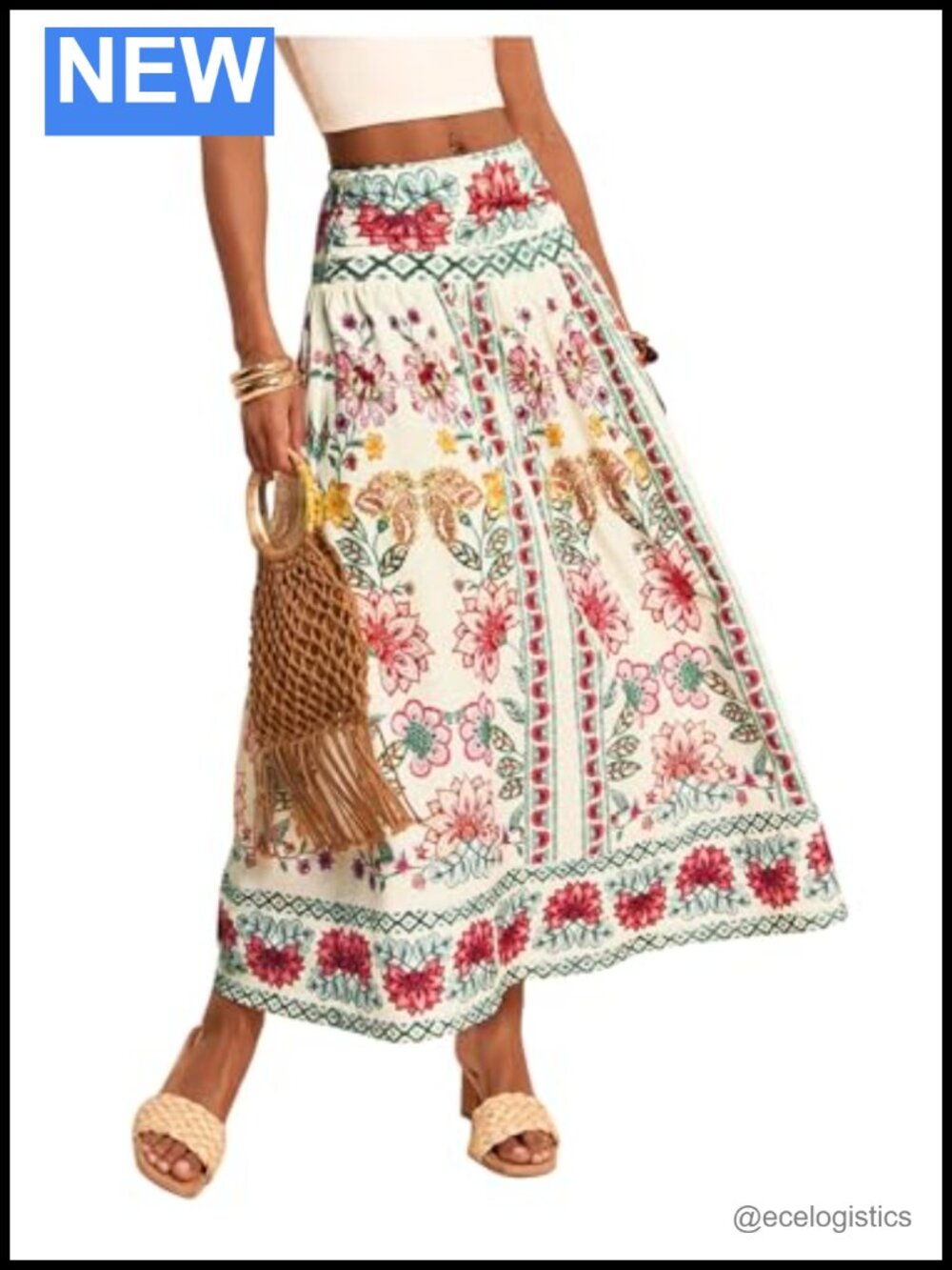 Boho Floral A-Line Maxi Skirt Flowy High Waist Casual Summer